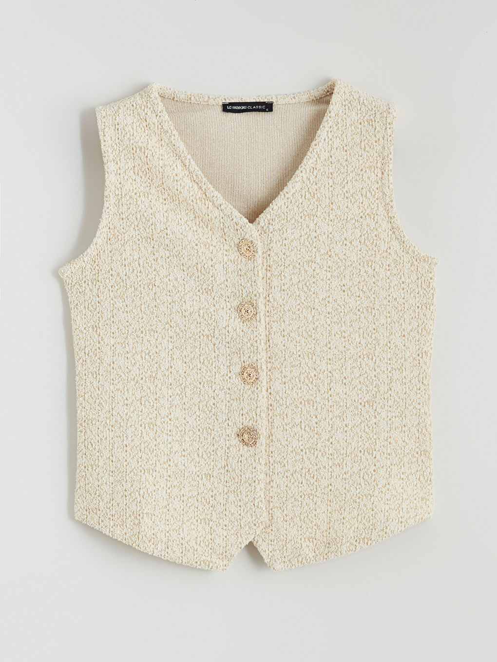 Ekru V Yaka Ekose Kadın Yelek-4