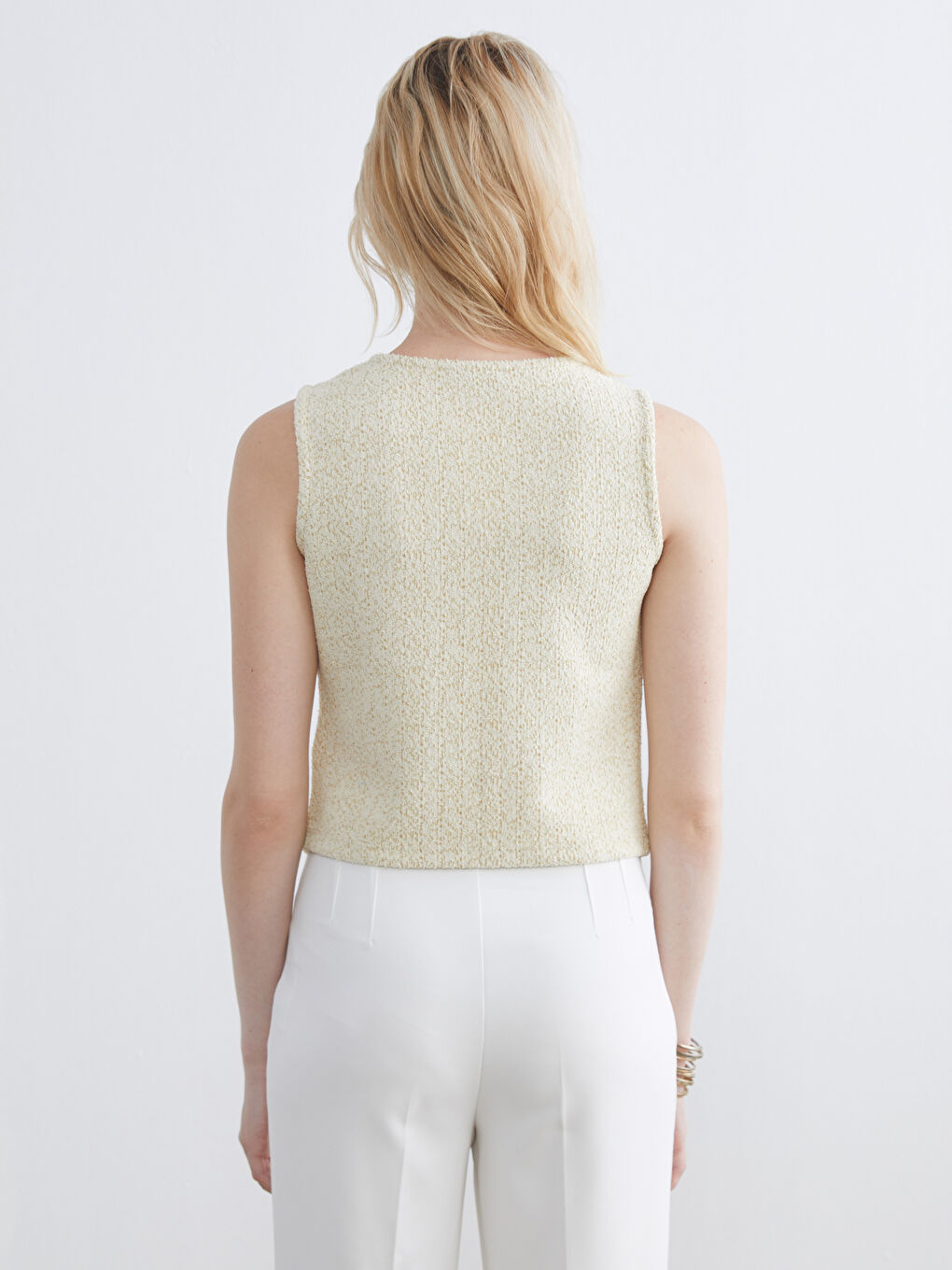 Ekru V Yaka Ekose Kadın Yelek-3