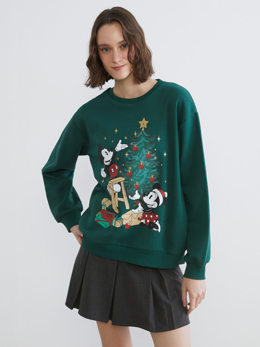 Yeşil Mickey Mouse Baskılı Kadın Kalın Sweatshirt