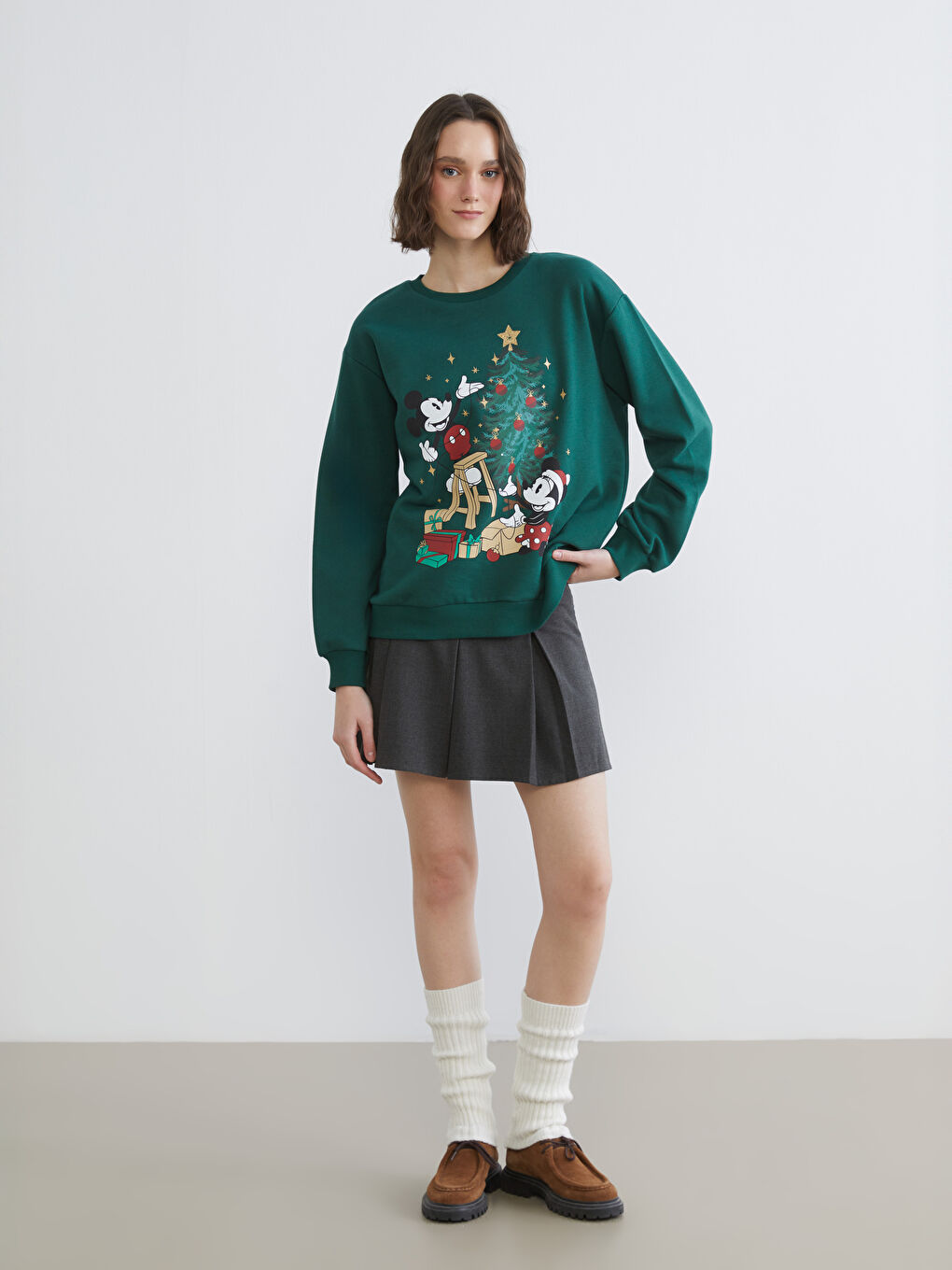 Yeşil Mickey Mouse Baskılı Kadın Kalın Sweatshirt-1