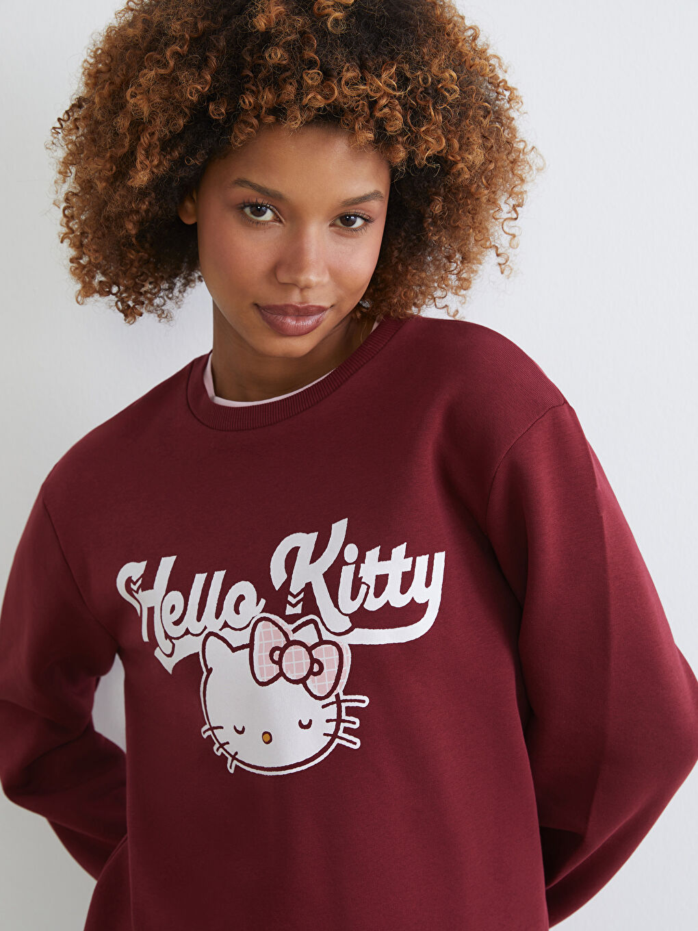 Bordo Hello Kitty Baskılı Kadın Kalın Sweatshirt