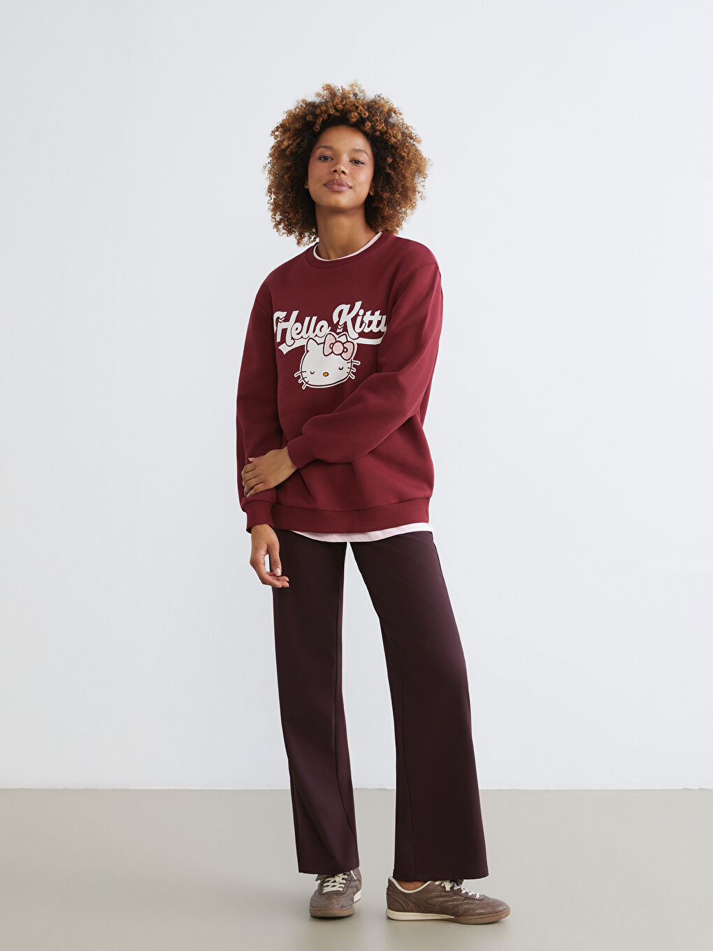 Bordo Hello Kitty Baskılı Kadın Kalın Sweatshirt-1