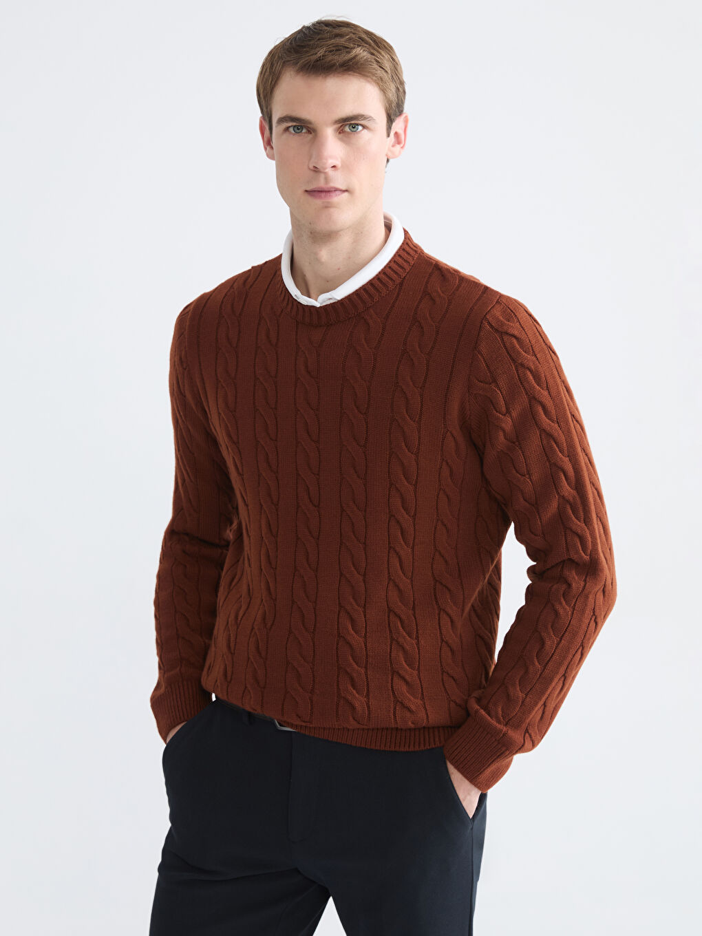 Kahverengi Bisiklet Yaka Erkek Triko Kazak