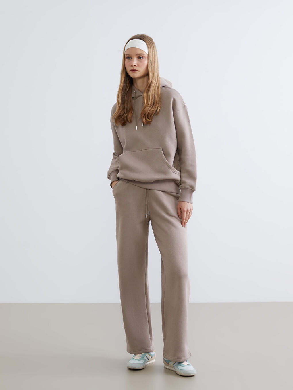 Kahverengi Beli Lastikli Geniş Paça Kadın Kalın Eşofman Altı