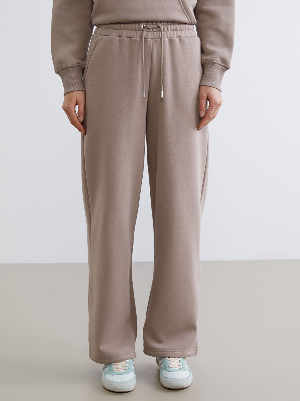 Kahverengi Beli Lastikli Geniş Paça Kadın Kalın Eşofman Altı-1