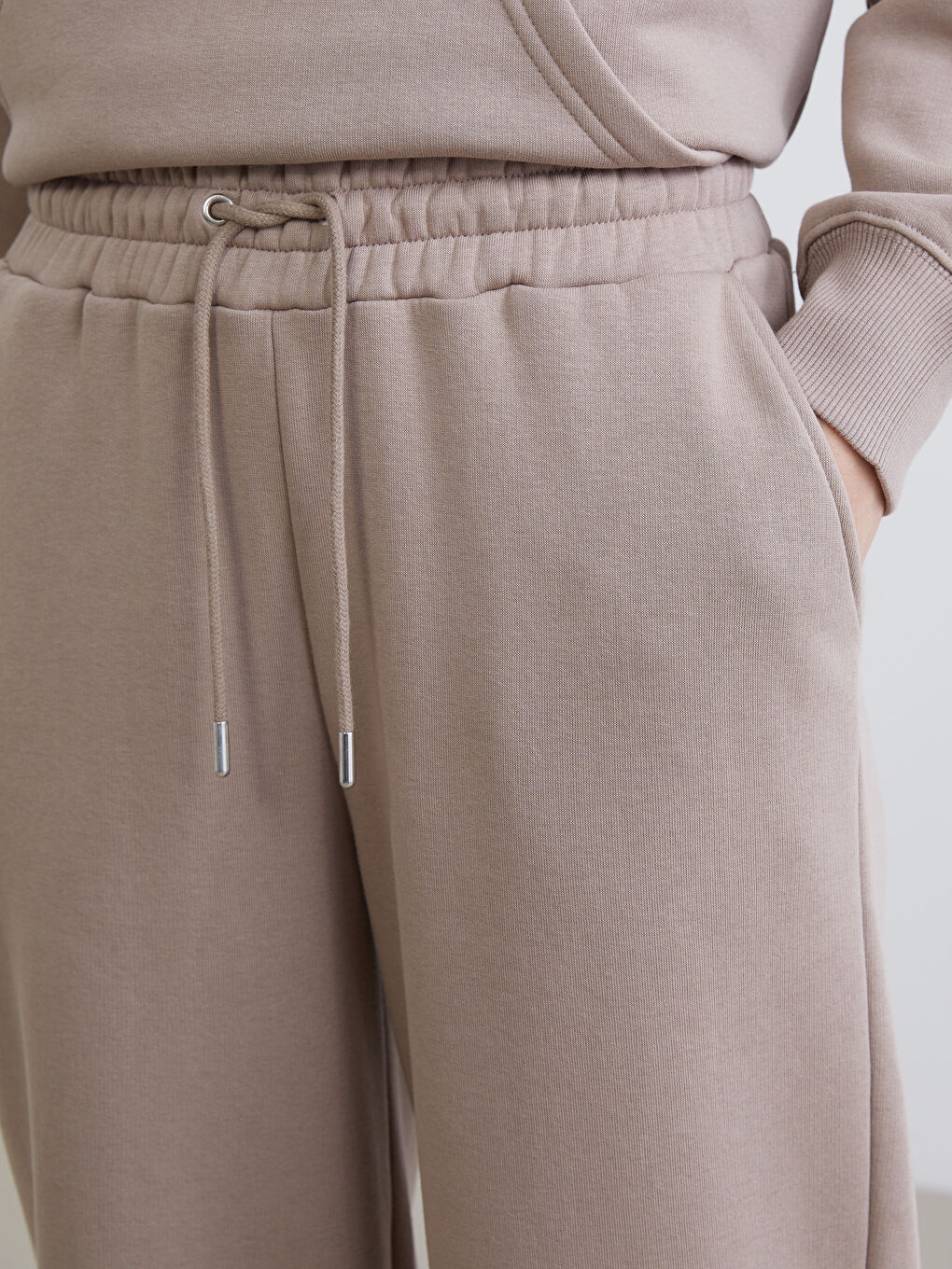 Kahverengi Beli Lastikli Geniş Paça Kadın Kalın Eşofman Altı-2