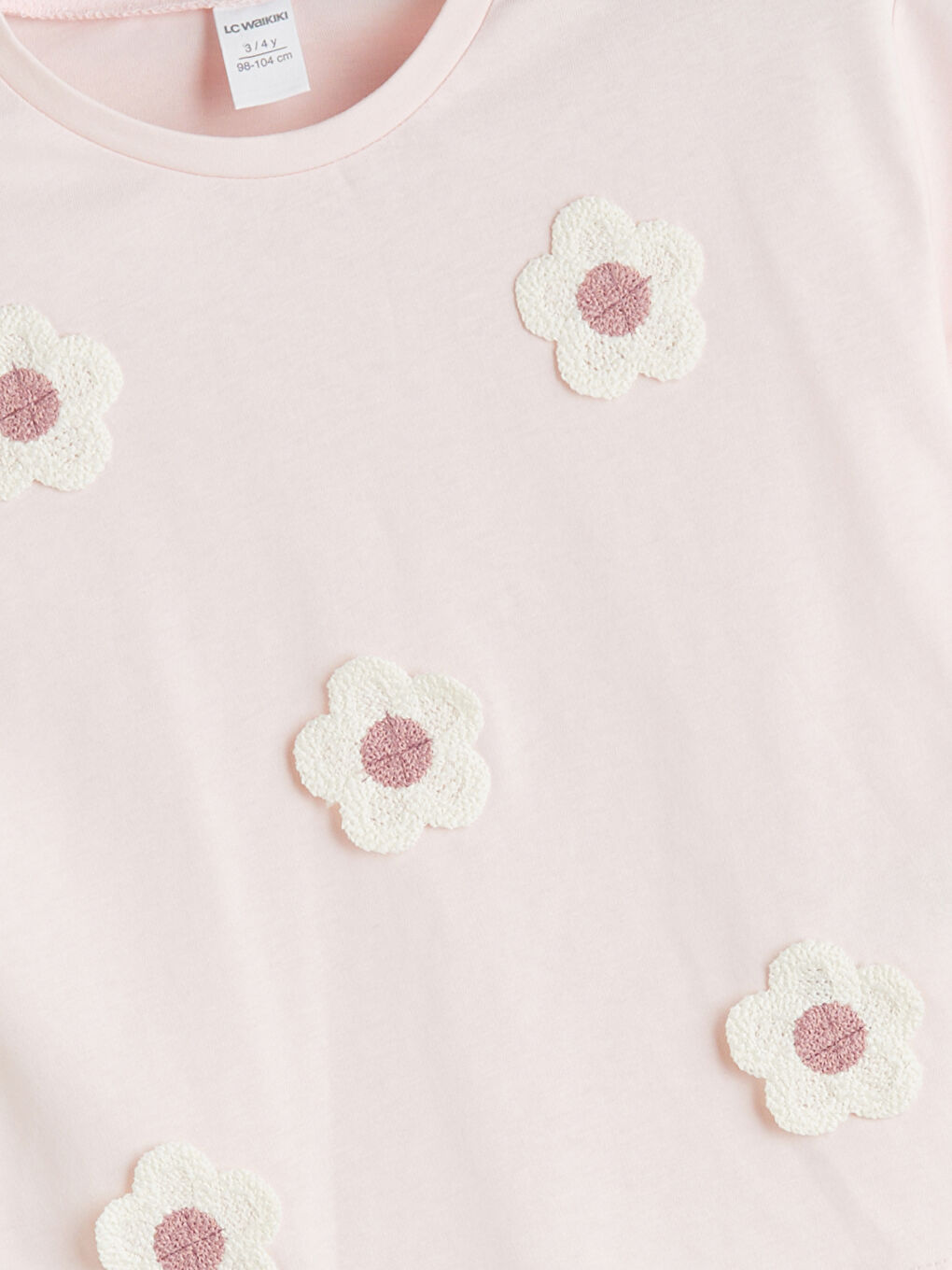 Pembe Bisiklet Yaka Çiçekli Kız Çocuk Tişört-1