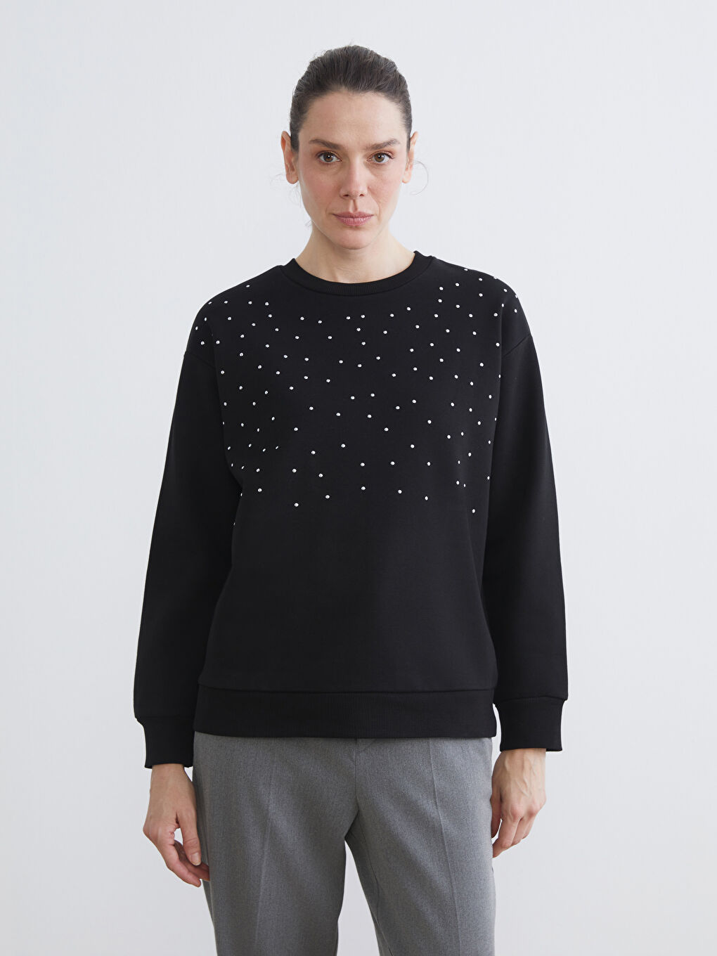 Crew Neck Shiny Stone Printed Oversize Women's Thick Sweatshirt