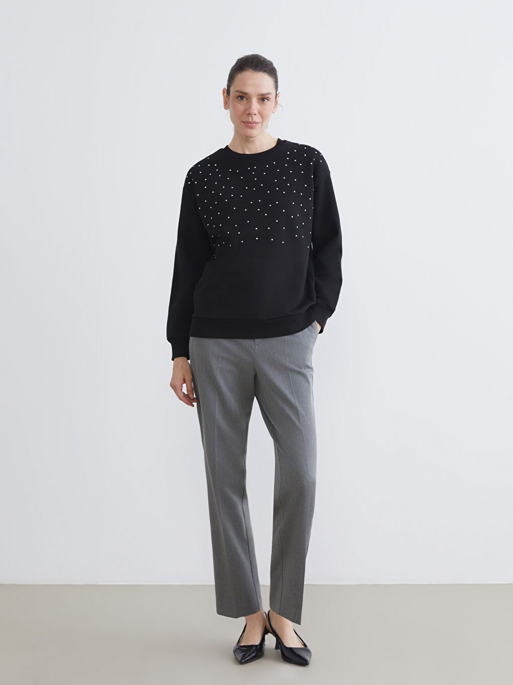 Crew Neck Shiny Stone Printed Oversize Women's Thick Sweatshirt-1