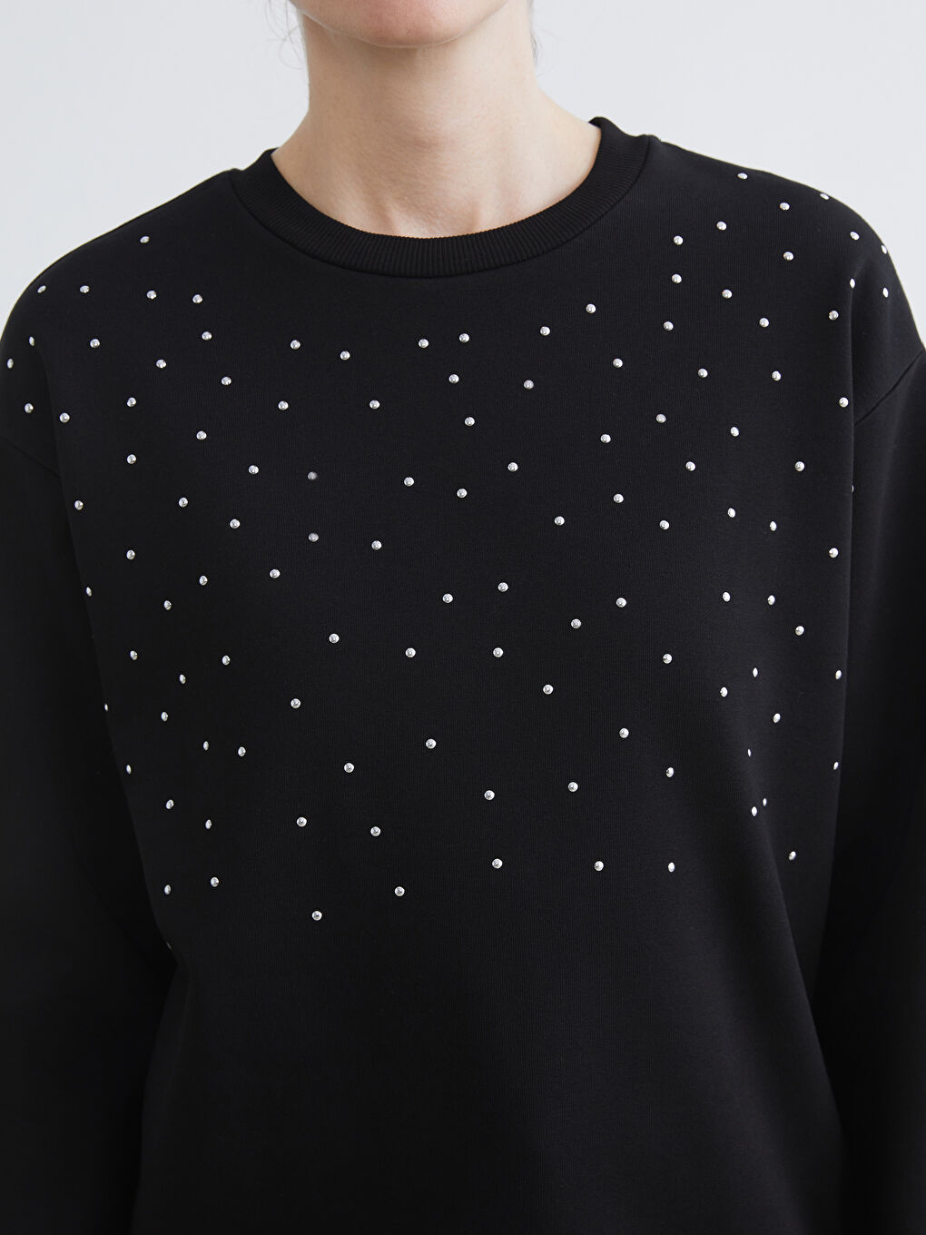 Crew Neck Shiny Stone Printed Oversize Women's Thick Sweatshirt-2