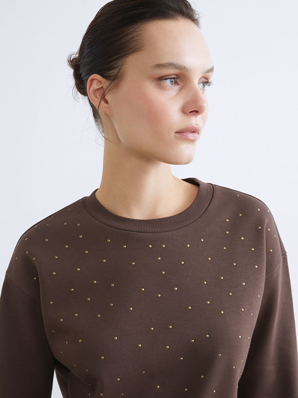 Crew Neck Shiny Stone Printed Oversize Women's Thick Sweatshirt