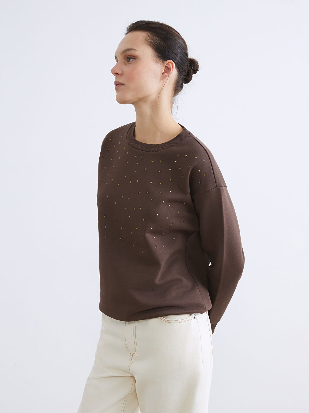 Crew Neck Shiny Stone Printed Oversize Women's Thick Sweatshirt-1