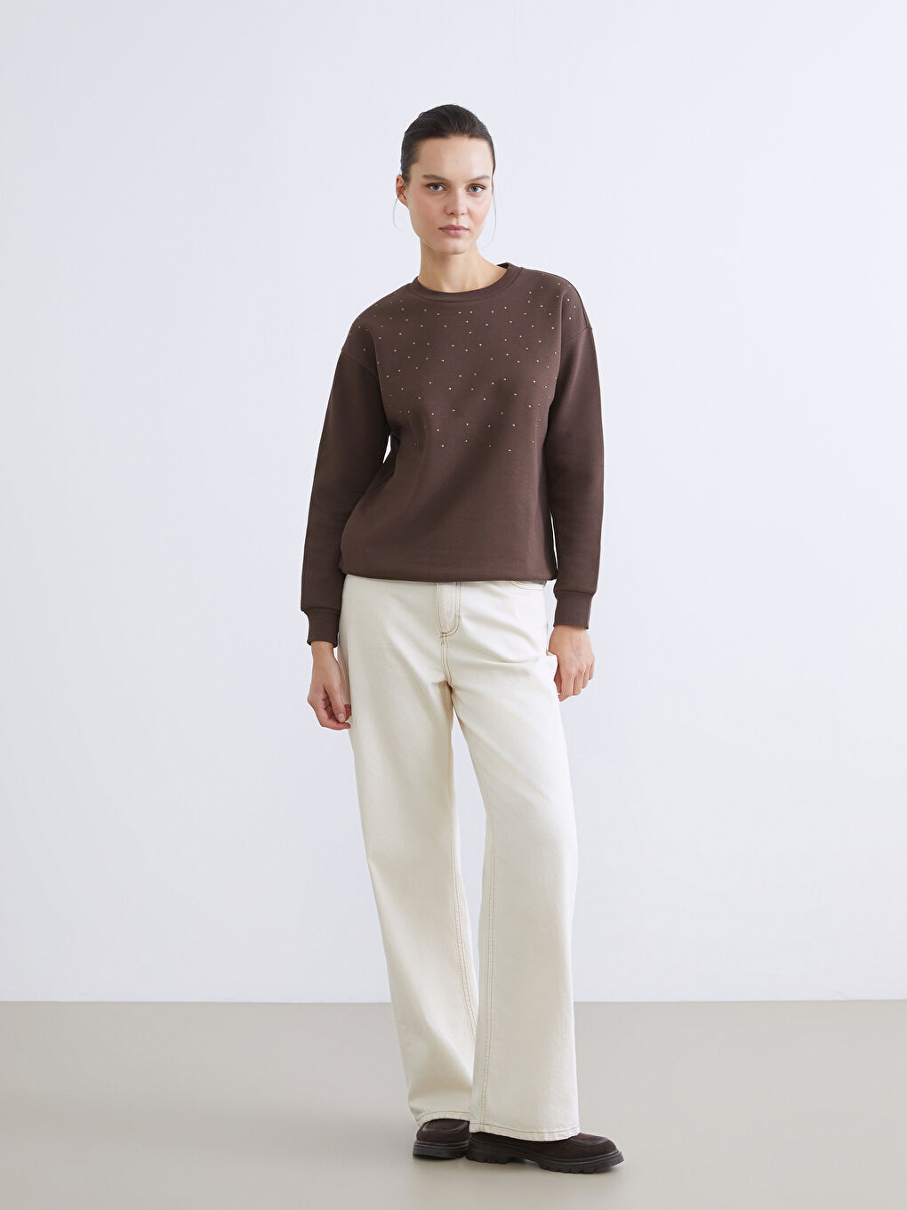 Crew Neck Shiny Stone Printed Oversize Women's Thick Sweatshirt-2