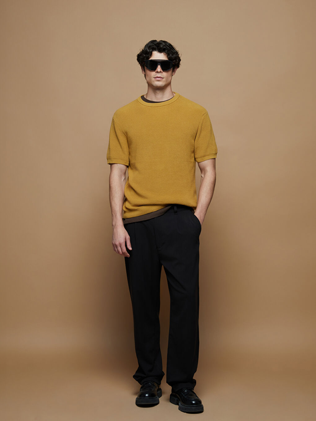 Sarı Bisiklet Yaka Kısa Kollu Erkek Triko Kazak-3