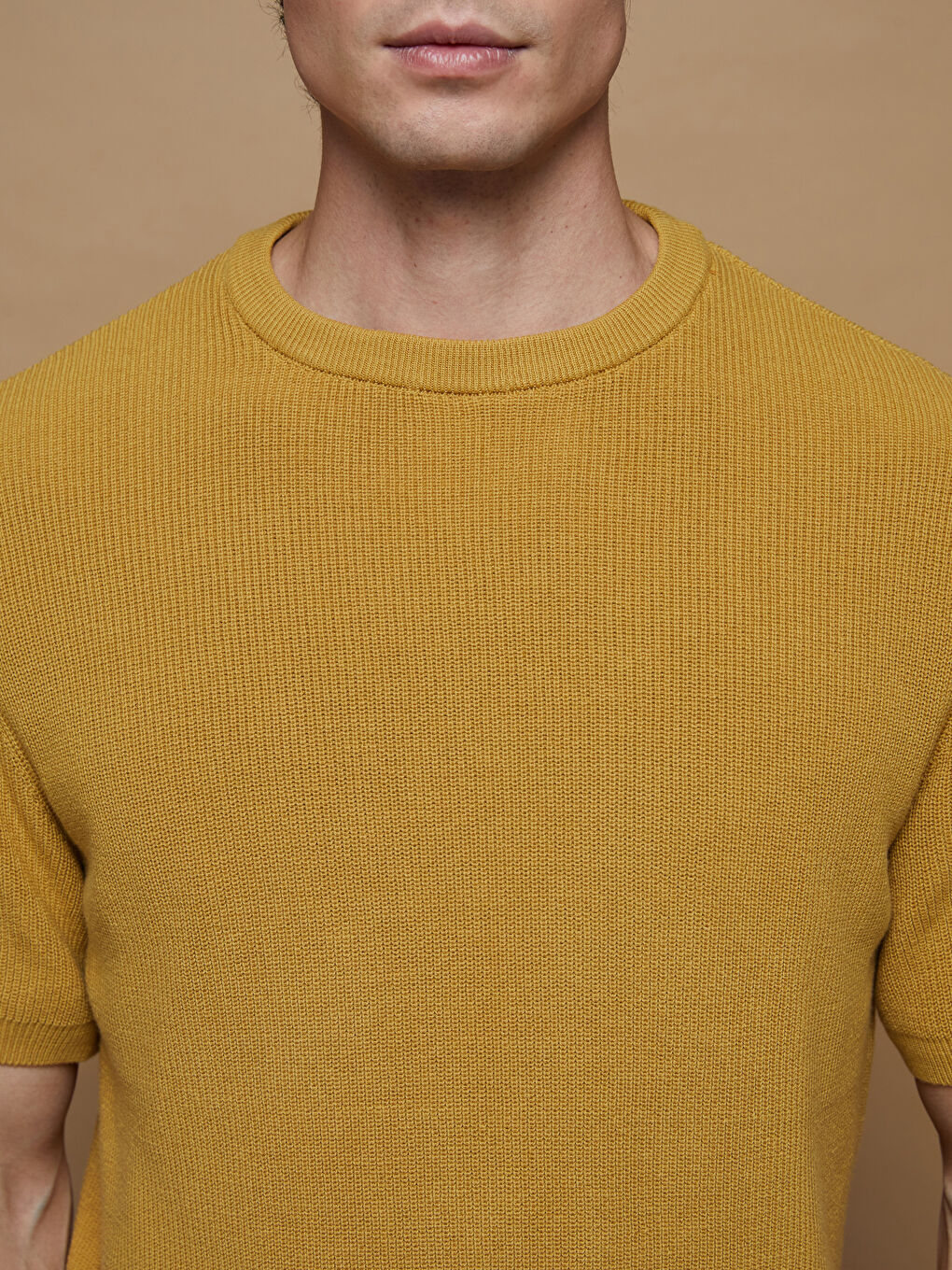 Sarı Bisiklet Yaka Kısa Kollu Erkek Triko Kazak-5