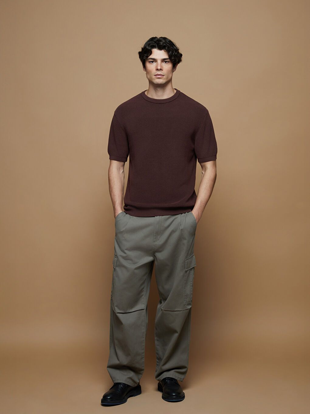 Kahverengi Bisiklet Yaka Kısa Kollu Erkek Triko Kazak-1