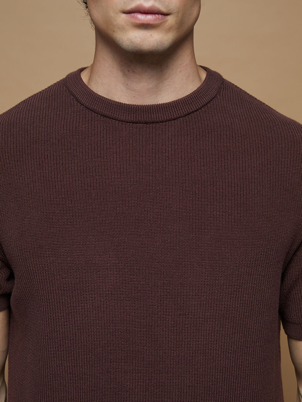 Kahverengi Bisiklet Yaka Kısa Kollu Erkek Triko Kazak-2