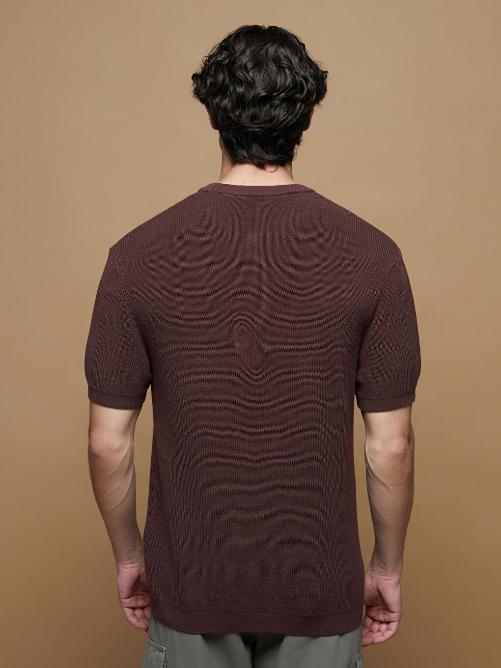 Kahverengi Bisiklet Yaka Kısa Kollu Erkek Triko Kazak-3