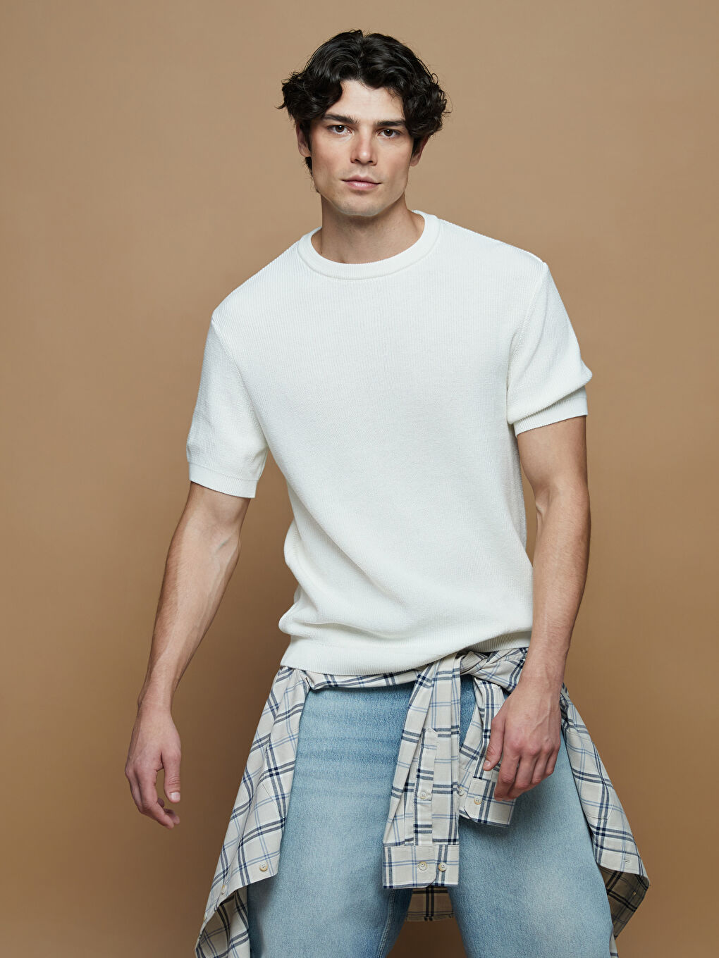 Ekru Bisiklet Yaka Kısa Kollu Erkek Triko Kazak