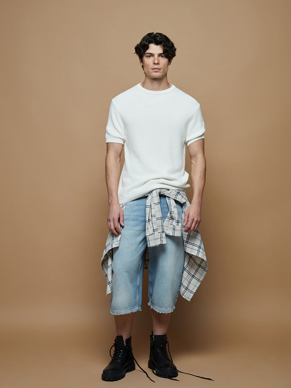 Ekru Bisiklet Yaka Kısa Kollu Erkek Triko Kazak-1