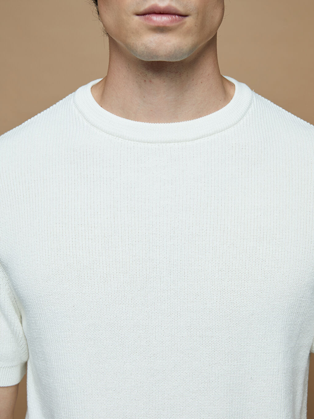 Ekru Bisiklet Yaka Kısa Kollu Erkek Triko Kazak-2