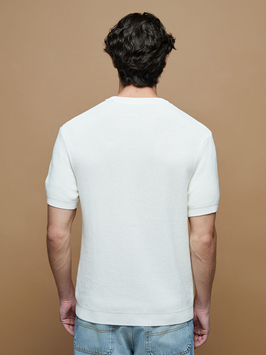 Ekru Bisiklet Yaka Kısa Kollu Erkek Triko Kazak-3