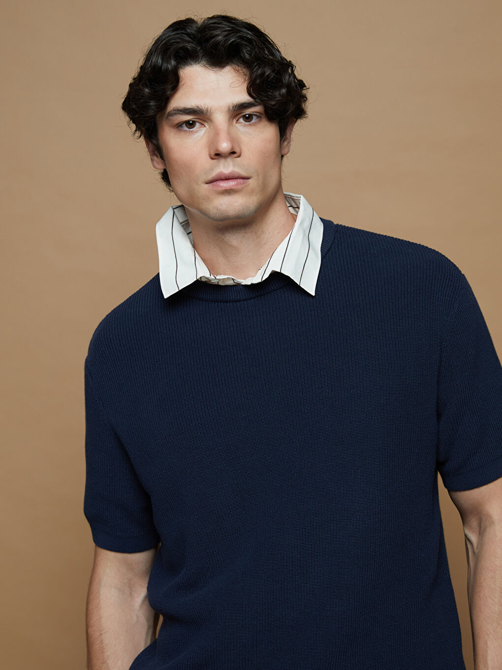 Lacivert Bisiklet Yaka Kısa Kollu Erkek Triko Kazak-3