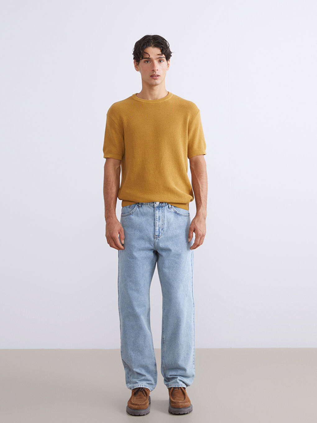 Sarı Bisiklet Yaka Kısa Kollu Erkek Triko Kazak-2