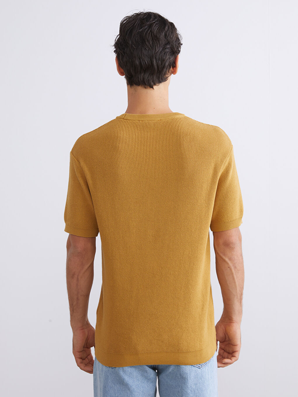 Sarı Bisiklet Yaka Kısa Kollu Erkek Triko Kazak-6