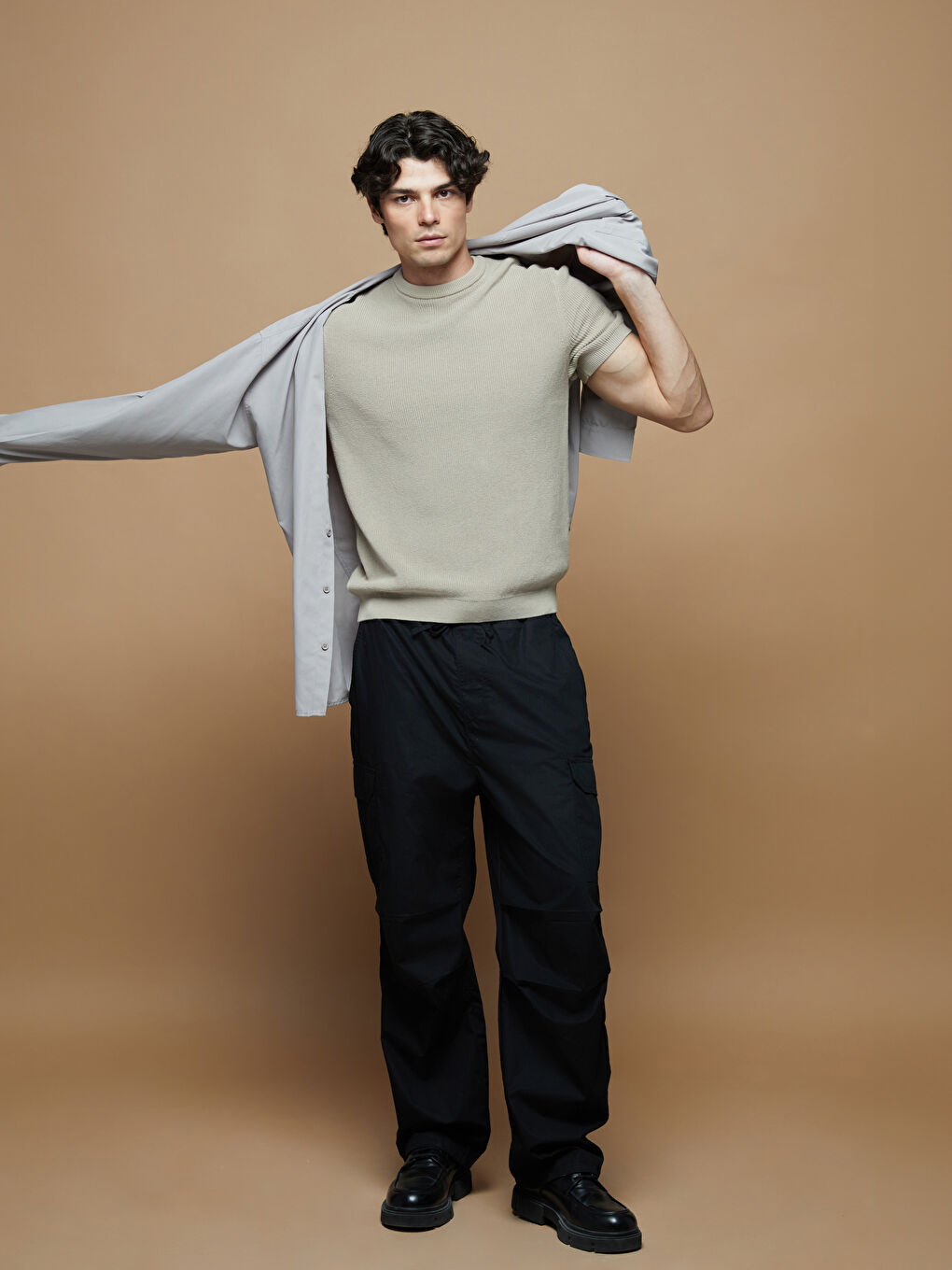 Bej Bisiklet Yaka Kısa Kollu Erkek Triko Kazak-1