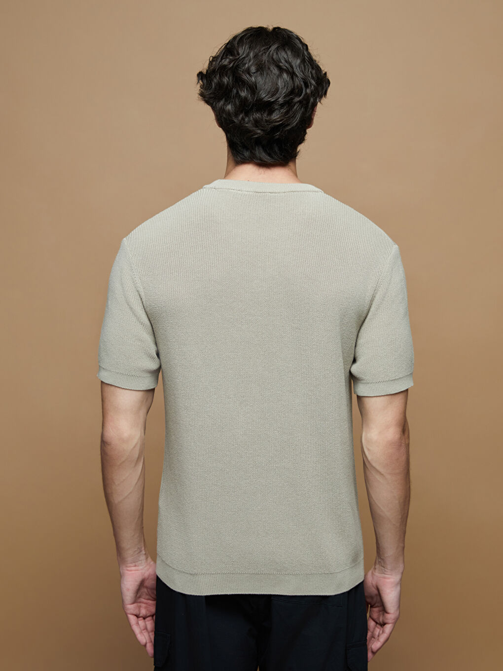 Bej Bisiklet Yaka Kısa Kollu Erkek Triko Kazak-3