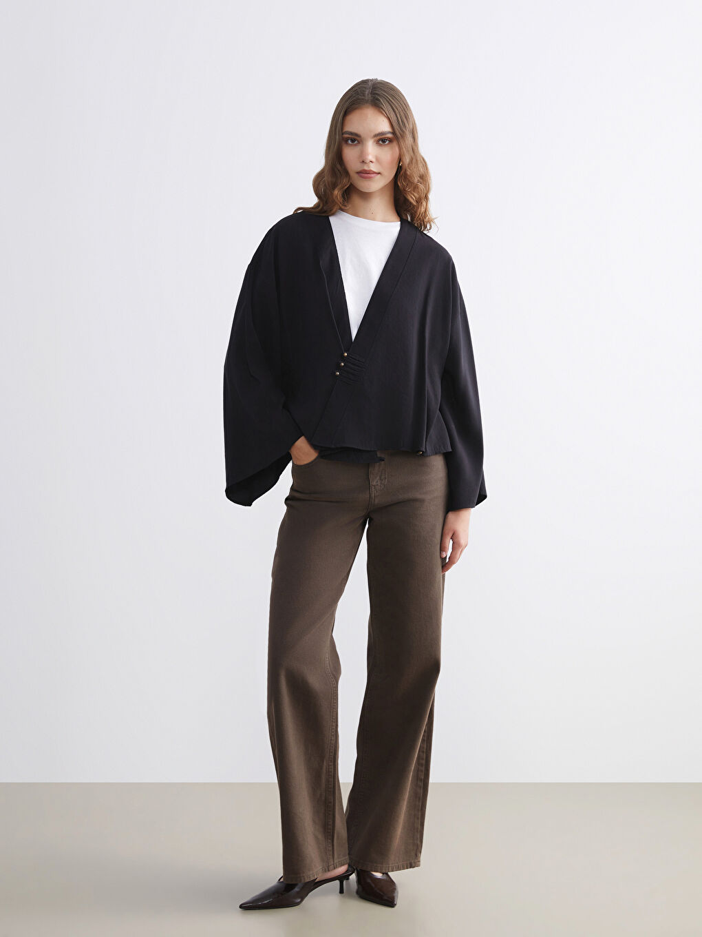 Siyah Kruvaze Yaka Oversize Kadın Kimono-1