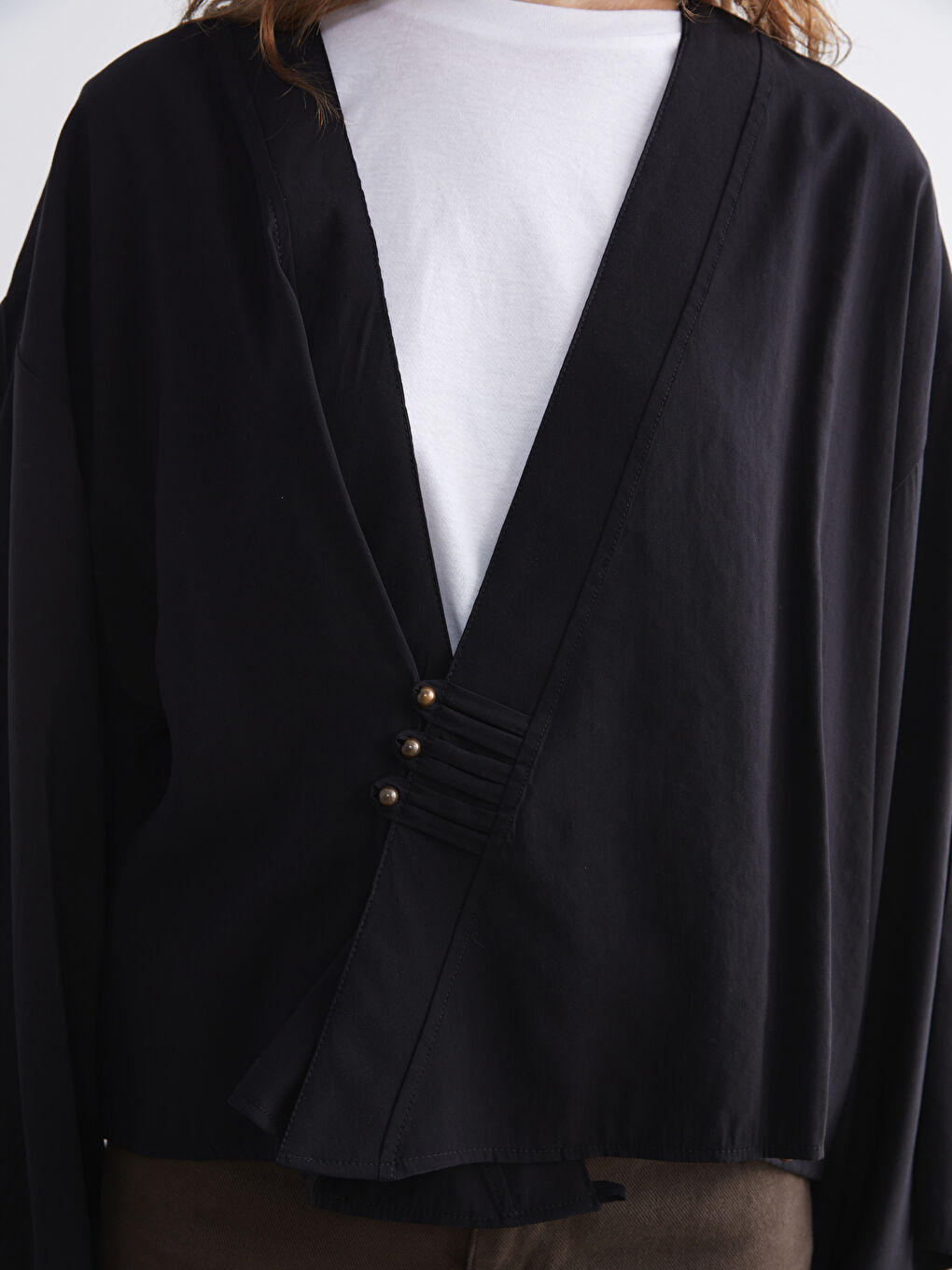 Siyah Kruvaze Yaka Oversize Kadın Kimono-2