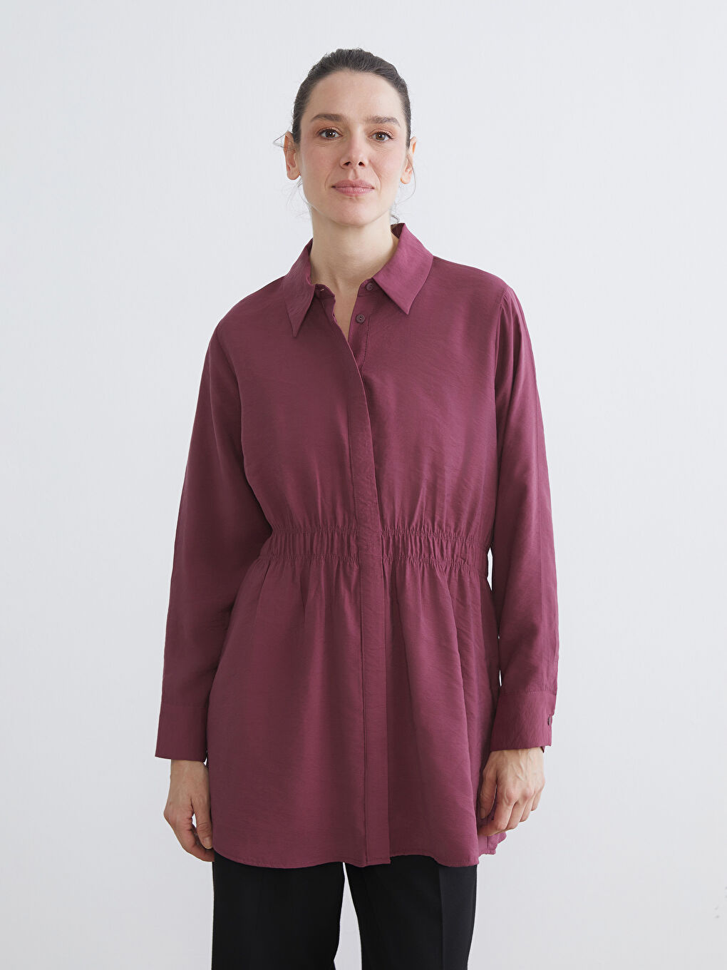 Bordo Oversize Modal Karışımlı Kadın Gömlek Tunik