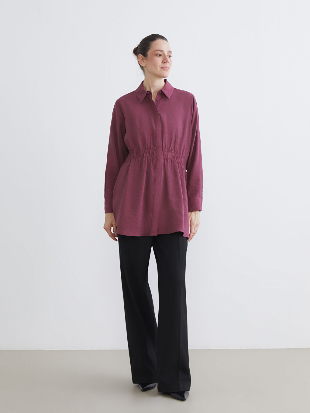 Bordo Oversize Modal Karışımlı Kadın Gömlek Tunik-1