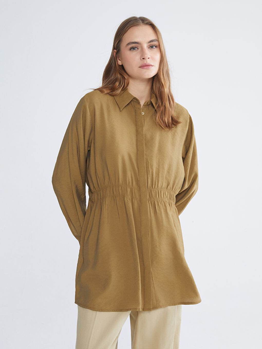 Haki Oversize Modal Karışımlı Kadın Gömlek Tunik