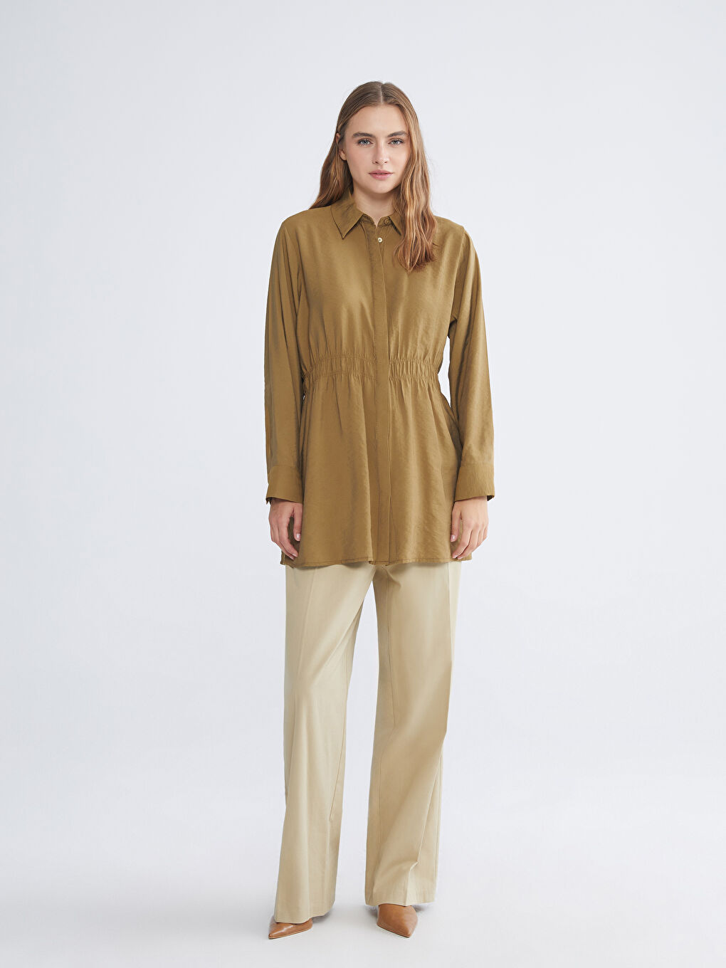 Haki Oversize Modal Karışımlı Kadın Gömlek Tunik-1