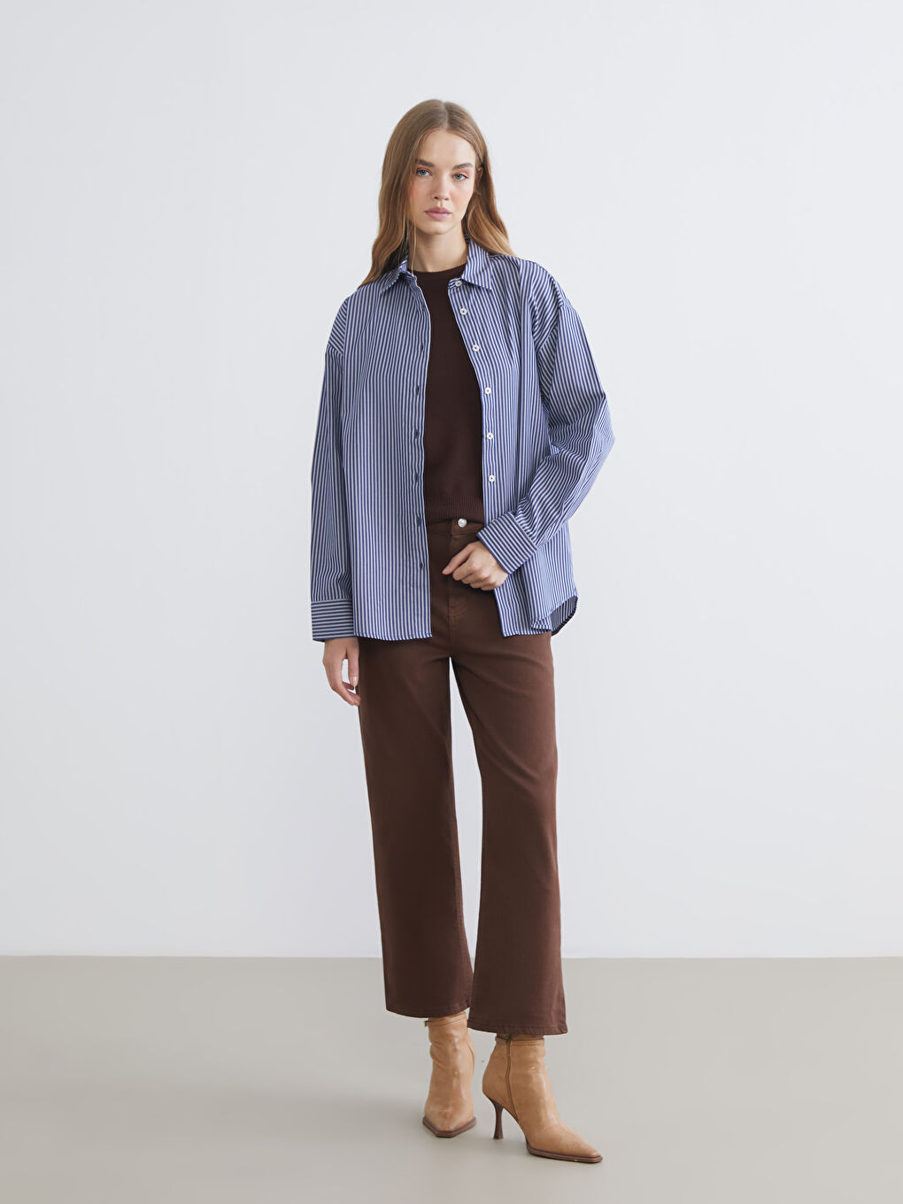 Lacivert Çizgili Oversize Kadın Gömlek-1