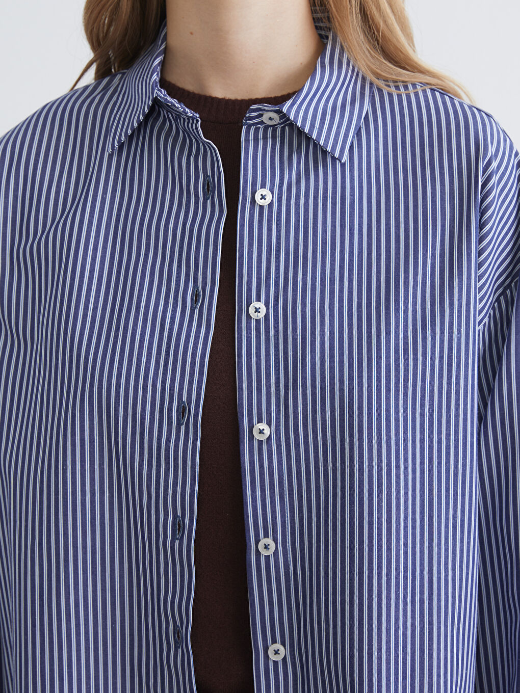 Lacivert Çizgili Oversize Kadın Gömlek-2