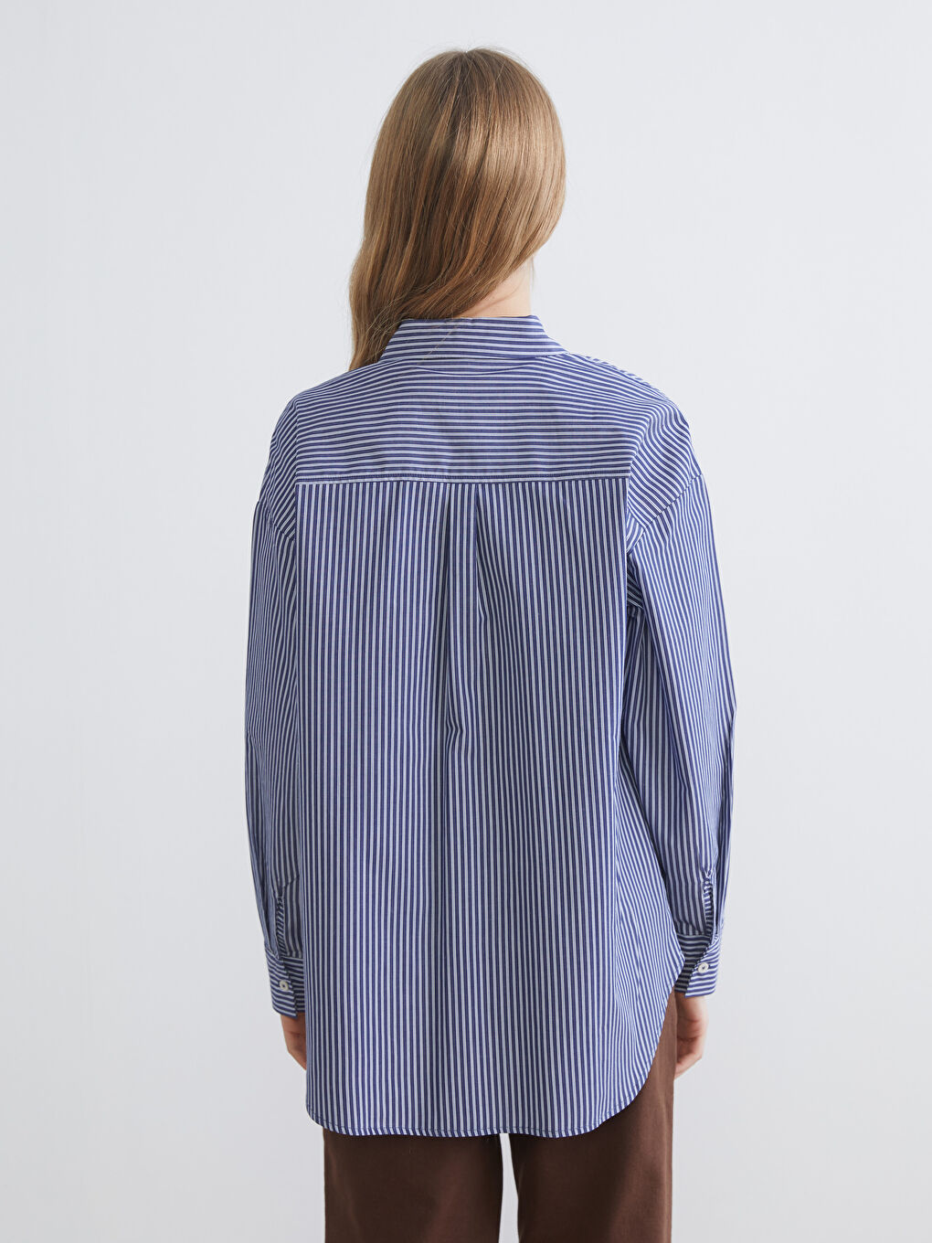 Lacivert Çizgili Oversize Kadın Gömlek-3