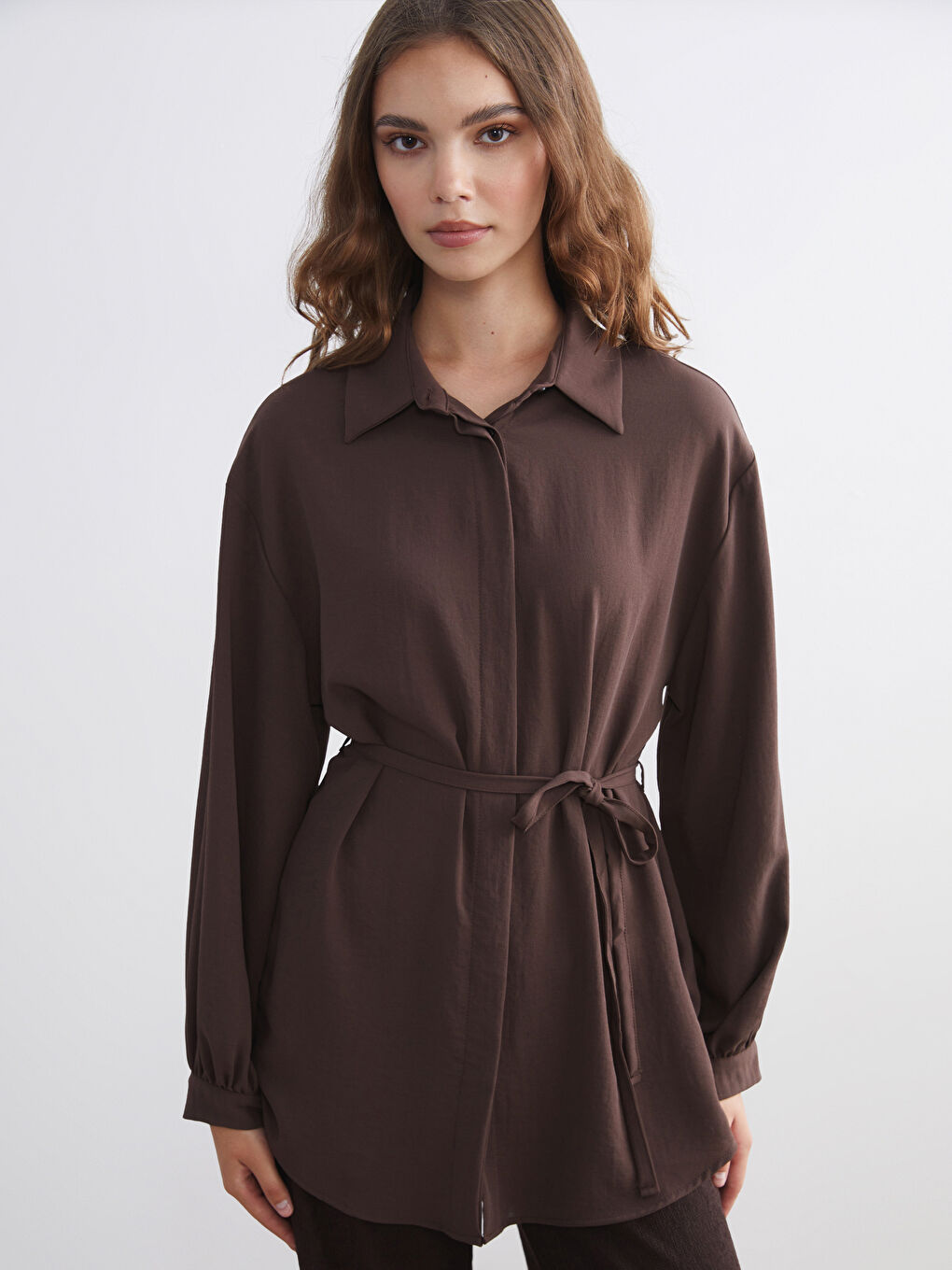 Kahverengi Oversize Kadın Gömlek Tunik