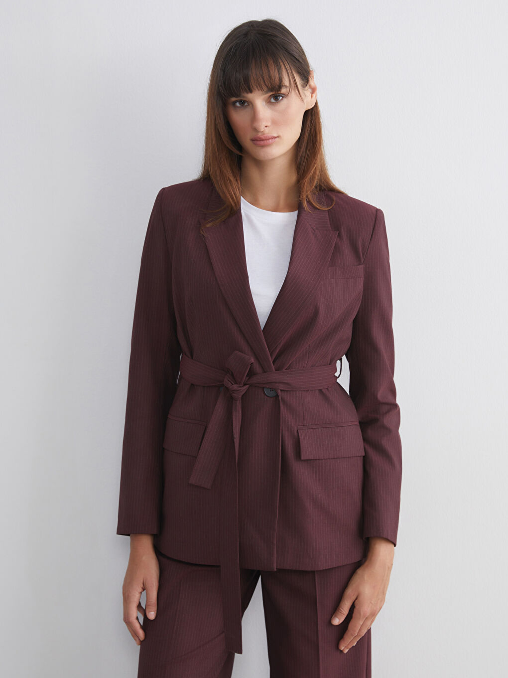 Bordo Çizgili Beli Kuşaklı Kadın Blazer Ceket