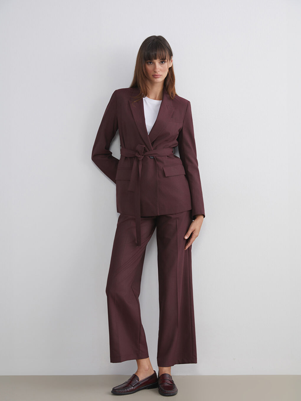 Bordo Çizgili Beli Kuşaklı Kadın Blazer Ceket-1