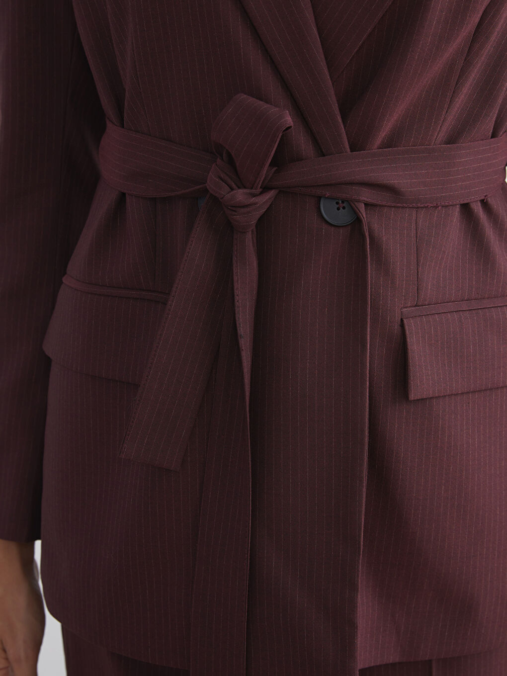 Bordo Çizgili Beli Kuşaklı Kadın Blazer Ceket-2