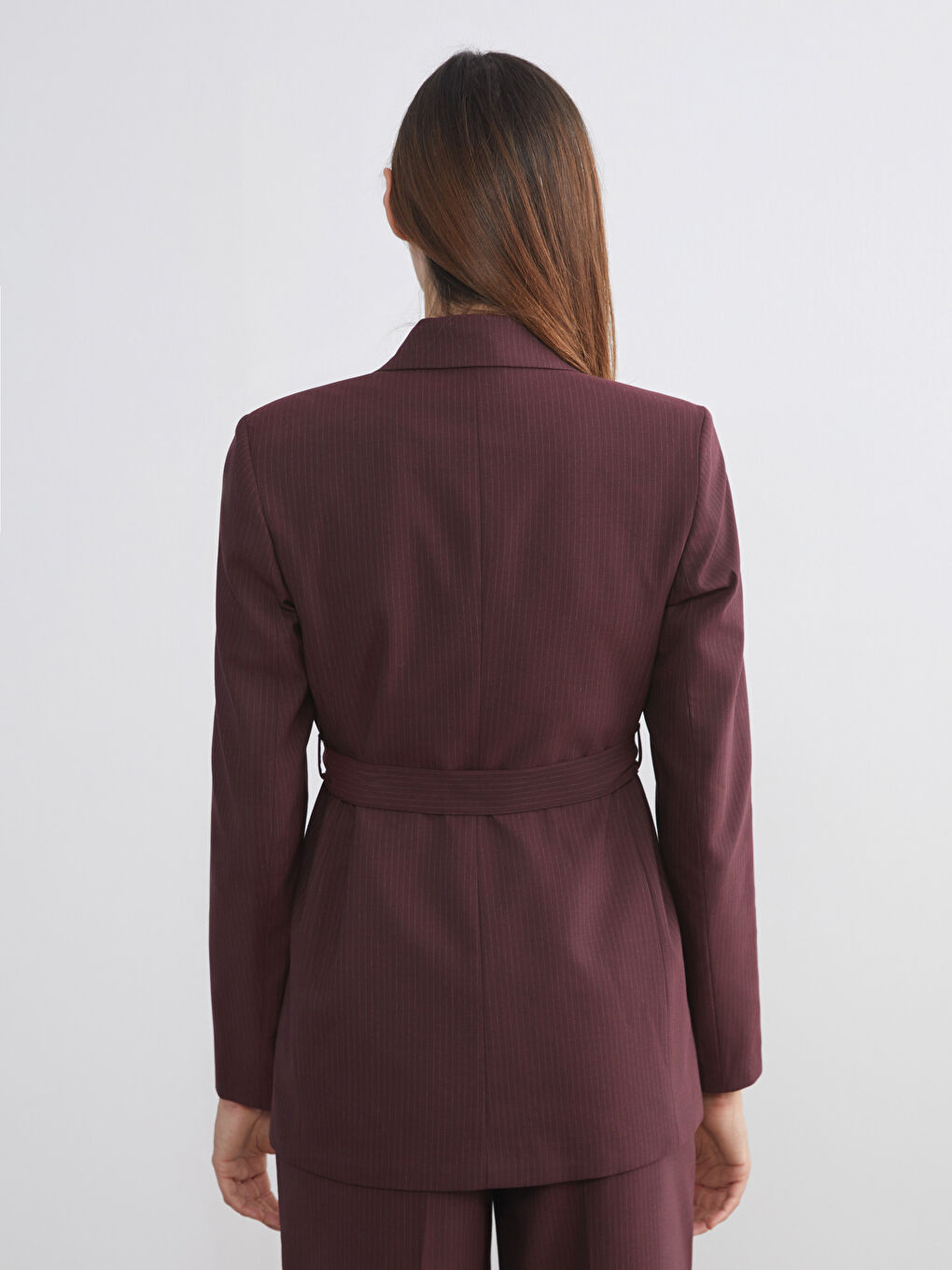 Bordo Çizgili Beli Kuşaklı Kadın Blazer Ceket-3
