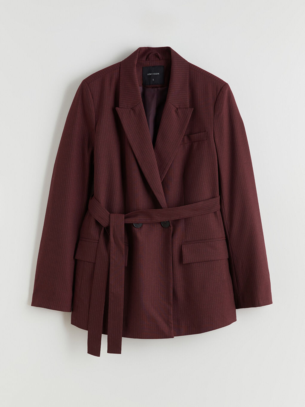 Bordo Çizgili Beli Kuşaklı Kadın Blazer Ceket-4