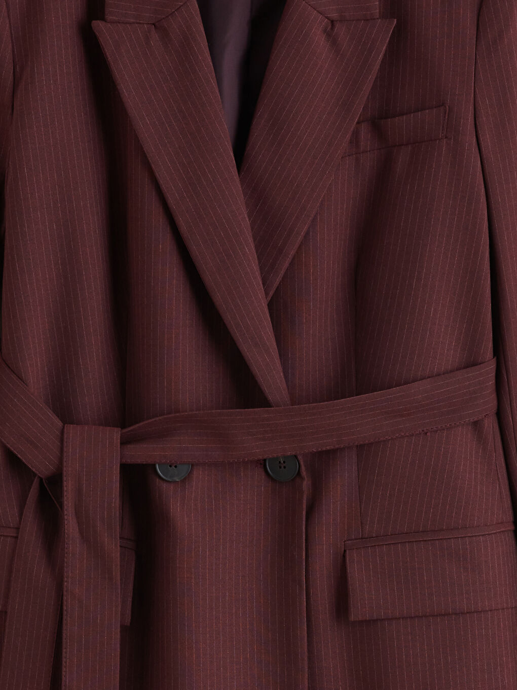 Bordo Çizgili Beli Kuşaklı Kadın Blazer Ceket-5