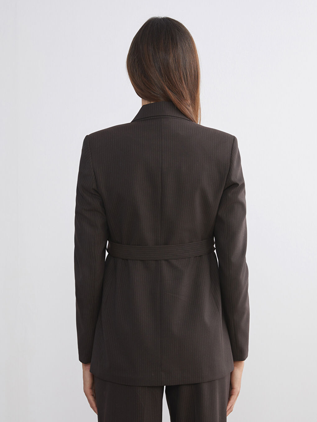Kahverengi Çizgili Beli Kuşaklı Kadın Blazer Ceket-3
