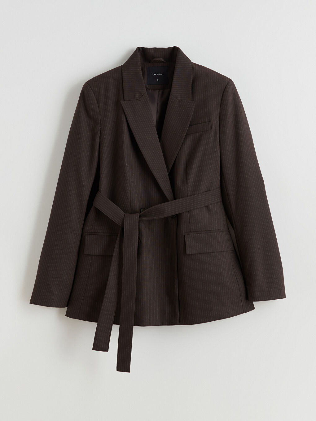 Kahverengi Çizgili Beli Kuşaklı Kadın Blazer Ceket-4