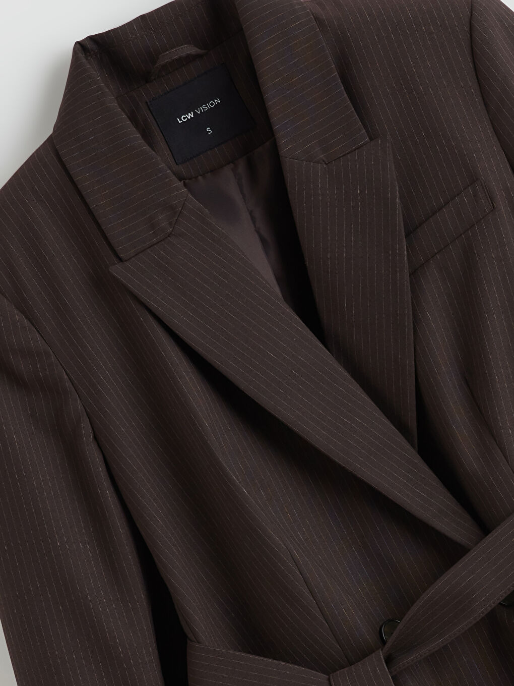 Kahverengi Çizgili Beli Kuşaklı Kadın Blazer Ceket-5
